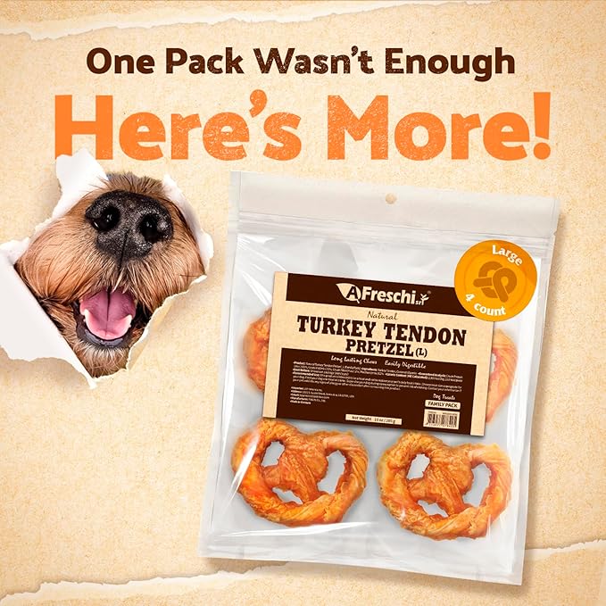 Afreschi Natural Turkey Tendon Pretzel (L) 10 oz, Turkey Sourced from USA, All Natural Puppy Chew, Hypoallergenic, Rawhide Alternative, for Large Breeds