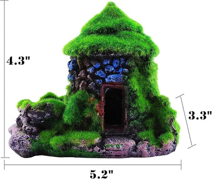 M2cbridge Aquarium Decorations Fish Hideout House Betta Cave with Green Lifelike Moss (Style 1)