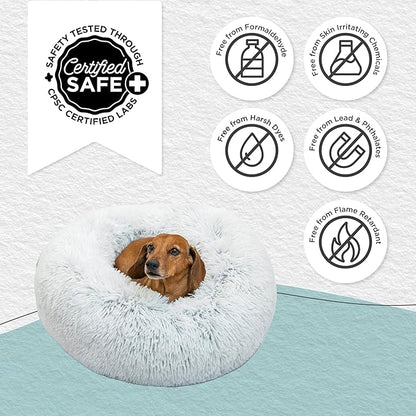 Best Friends by Sheri Original Calming Donut Dog and Cat Bed, Shag Faux Fur, Frost Gray, (36in x 36in) - Anxiety Relief for Pets Up to 100 lbs