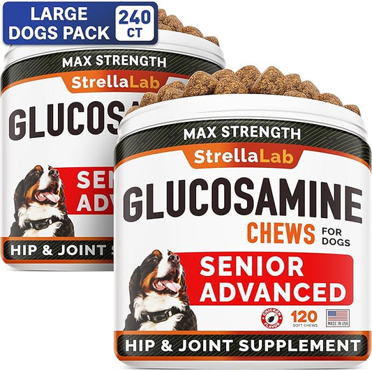 Senior Advanced Glucosamine Joint Supplement for Dogs - Hip & Joint Pain Relief - Small + Large Breeds -Omega-3 Fish Oil - Chondroitin, MSM- Mobility Soft Chews for Older Dogs - Chicken Flavor - 240Ct