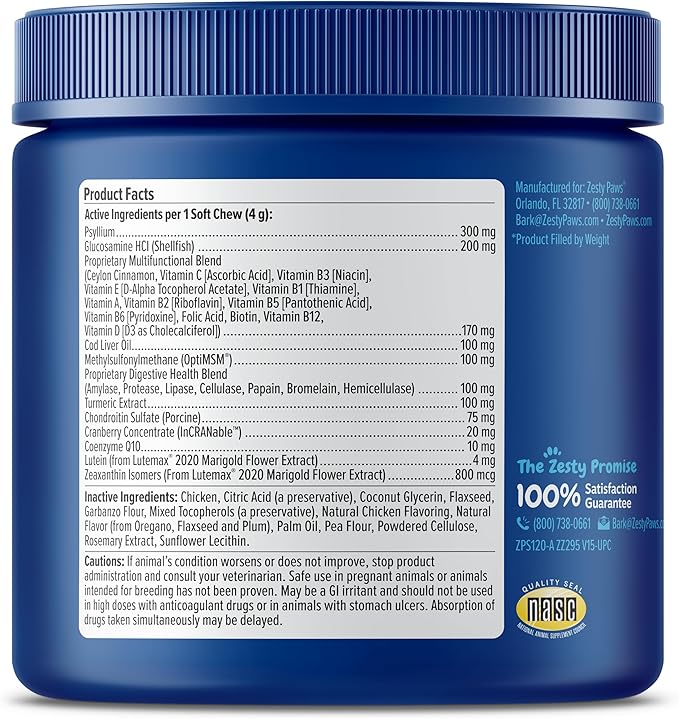 Zesty Paws Senior Dog Multivitamin Treats - Glucosamine for Dogs + Digestive Enzymes & Probiotics - Grain Free Dog Vitamins and Supplements for Skin & Coat + Immune Health Chicken - Advanced - 90ct