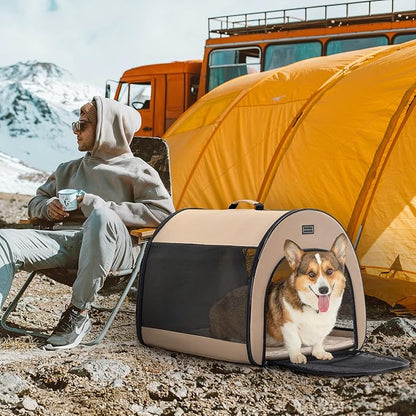 PETSFIT Soft Dog Crate, Dog Travel Crate - 26.5 Inch Lightweight, Roomy, Easy to Set Up, Portable Pop Up Dog Carrier with Thick Mat, Sturdy Soft Sided Dog Crate, Khaki