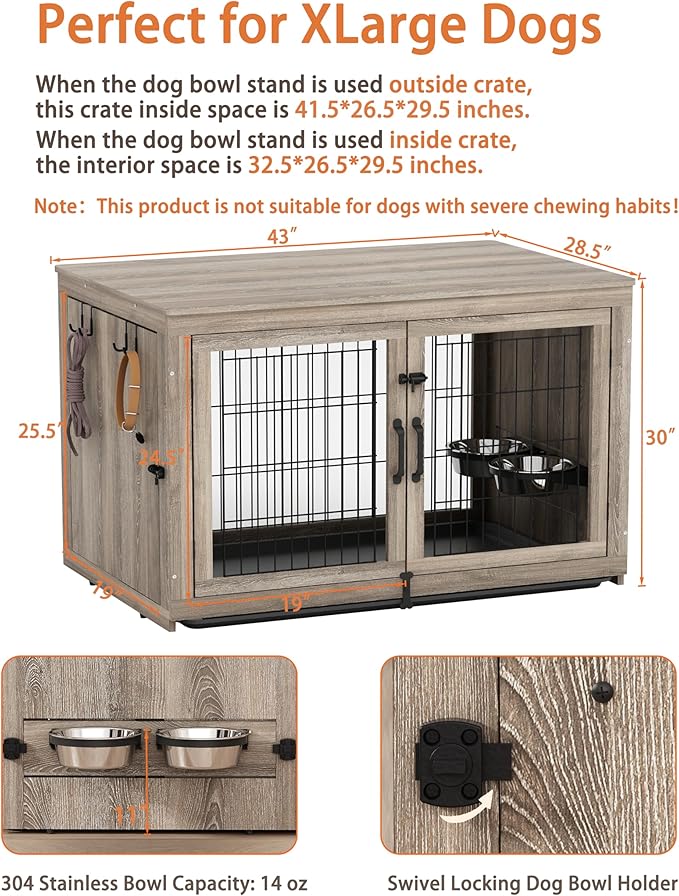 Piskyet Wooden Dog Crate Furniture with 360°Rotatable Removable Dog Bowls, Dog Crate End Table with Tray, Double Doors Dog Kennels for Dogs(XL:43.2" L*28.6" W*30.3" H, Gray)
