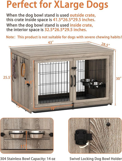 Piskyet Wooden Dog Crate Furniture with 360°Rotatable Removable Dog Bowls, Dog Crate End Table with Tray, Double Doors Dog Kennels for Dogs(XL:43.2" L*28.6" W*30.3" H, Gray)