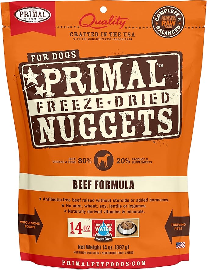 Primal Freeze Dried Raw Dog Food Nuggets, Beef, Complete & Balanced Meal, Also Use as Topper or Treat, Premium, Healthy, Grain Free, High Protein Raw Dog Food, 14 oz