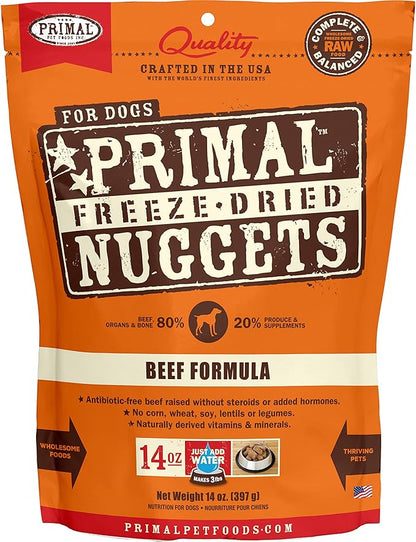 Primal Freeze Dried Raw Dog Food Nuggets, Beef, Complete & Balanced Meal, Also Use as Topper or Treat, Premium, Healthy, Grain Free, High Protein Raw Dog Food, 14 oz