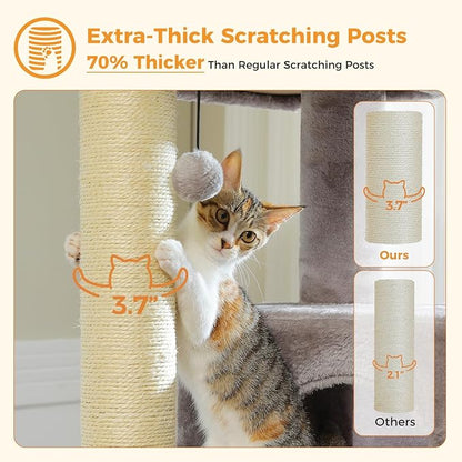Large Cat Tree with Reinforced Scratching Posts (φ3.7in) for Big Adult Cats 30 lbs, 57.8" Heavy Duty Cat Tower with Larger Hammock and Condo, Cat Furniture for Maine Coon, Plush,Grey