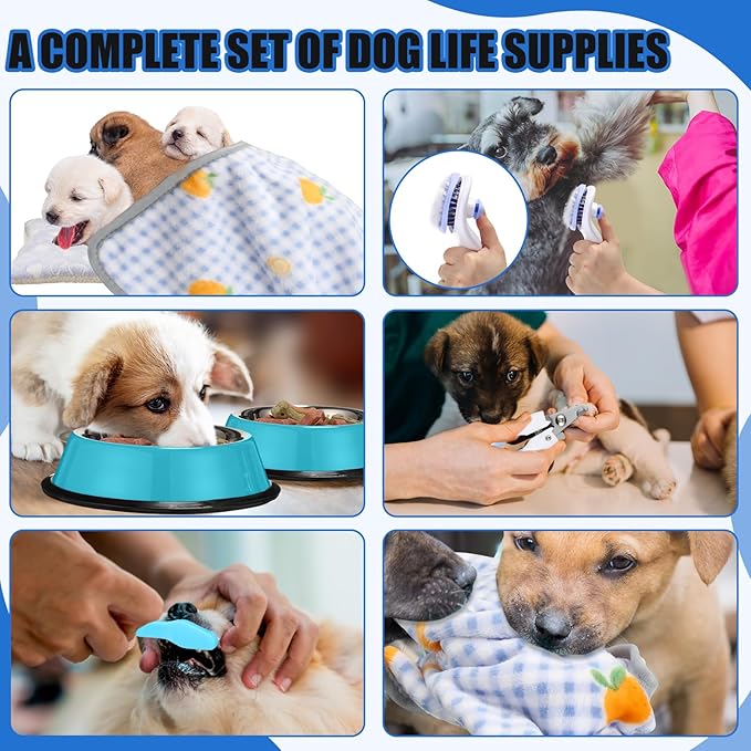 Abbylike 50 Pcs Puppy Supplies Starter Kit for Small Dogs Puppy Essentials Includes Leash, Bowls, Teeth Brushes, Water Bottle, and More Accessories for Dogs Christmas Welcome Gift(Blue)