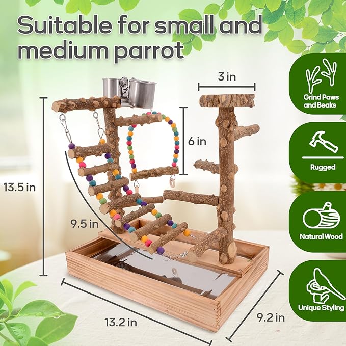 Bird Playground, Bird Perch Play Stand, Conure Parakeets Parrots Cockatiel Toys, for Bird Cage Accessories, Natural Wood