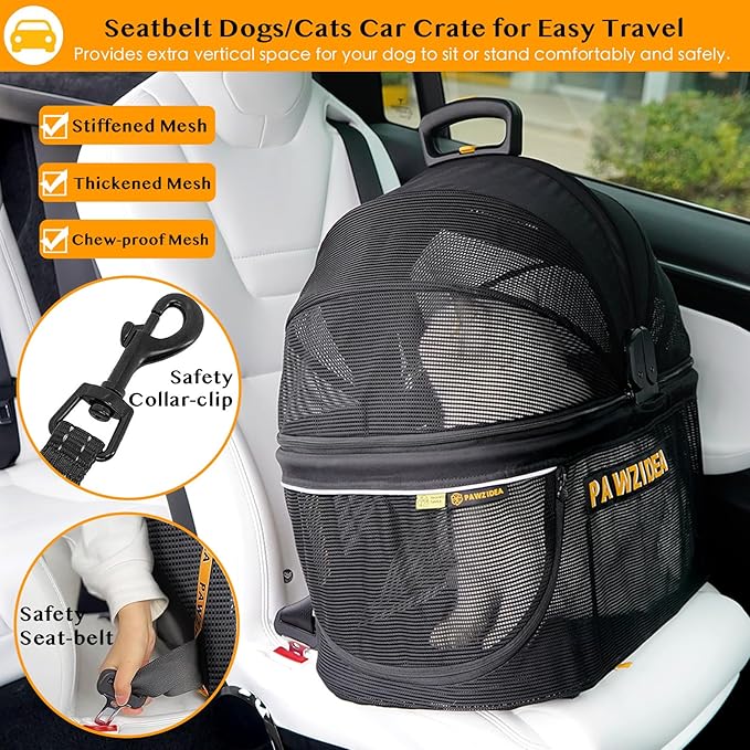 PAWZIDEA Portable Small Dog Crate for Car Travel, Enclosed Pet Car Seats for Small/Medium Dogs & Cats, Reversible No-Zip Canopy, Soft-Sided Pet Carrier Cage, Collapsible Travel Dog Kennel, Chew-Proof