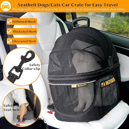 PAWZIDEA Portable Small Dog Crate for Car Travel, Enclosed Pet Car Seats for Small/Medium Dogs & Cats, Reversible No-Zip Canopy, Soft-Sided Pet Carrier Cage, Collapsible Travel Dog Kennel, Chew-Proof