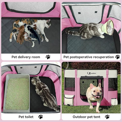 Dog Cat Playpen28/31/35in, Pet Puppy Portable Playpens for Outdoor Travel Crate, Indoor After Surgery Use, Foldable Dog Kennel Tent for Rabbit or Small Animals and Tent Stakes(Pink, Medium)