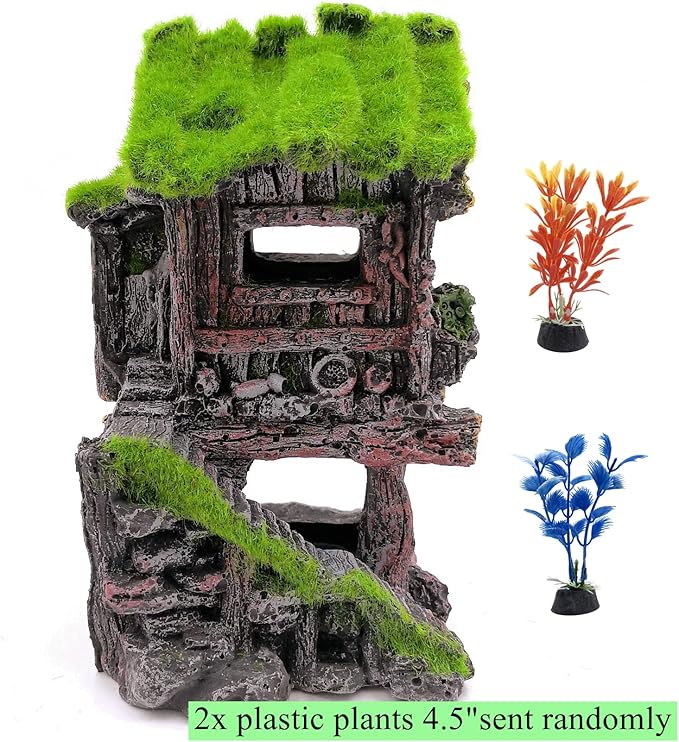 M2cbridge Aquarium Decorations Fish Hideout House Betta Cave with Green Lifelike Moss (Style 4)