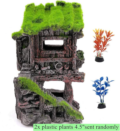 M2cbridge Aquarium Decorations Fish Hideout House Betta Cave with Green Lifelike Moss (Style 4)