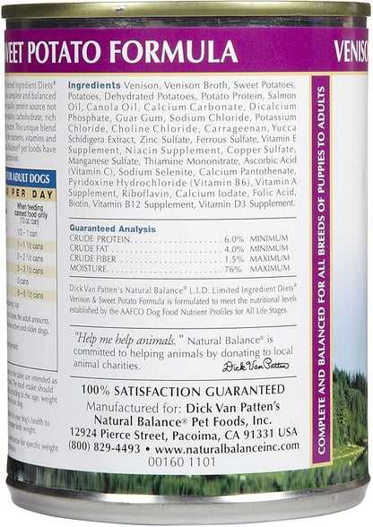 Natural Balance L.I.D. Limited Ingredient Diets Canned Wet Dog Food, Grain Free, Venison And Sweet Potato Formula, 13-Ounce (Pack Of 12)