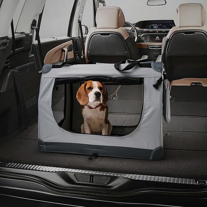 Folding Large Dog Carrier (27.5"x20.4"x19.6"), Pet Carrier, Soft Dog Crate with 3 Durable Tear-Resistant Mesh Window, Soft Pad and Bag for Supplies, Travel Crate Kennel for Pets (Gray)