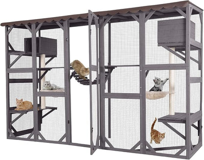 Aivituvin Cat Enclosure Window Outdoor Large Catio Wall Mounted Wooden Cat Cage with Cat Condo, Baskets and Bridge 104.3''