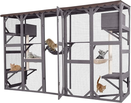 Aivituvin Cat Enclosure Window Outdoor Large Catio Wall Mounted Wooden Cat Cage with Cat Condo, Baskets and Bridge 104.3''