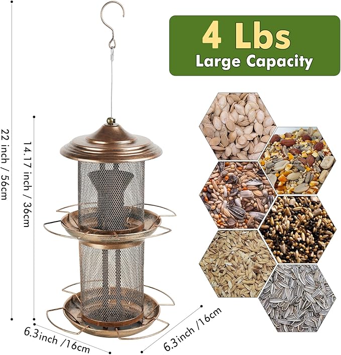 Bird Feeder for Outdoors, Double Layered Circular Tower Birdfeeder, Metal Bird Feeders with Cover Fixing Buckle for Outside Hanging, 4Lbs Capacity