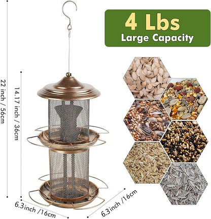 Bird Feeder for Outdoors, Double Layered Circular Tower Birdfeeder, Metal Bird Feeders with Cover Fixing Buckle for Outside Hanging, 4Lbs Capacity