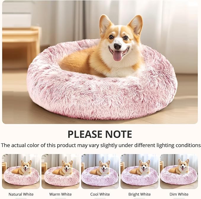 JOLLYVOGUE Dog Bed Cat Bed, Anti-Anxiety Small Dog Bed, Calming Donut Dog Bed for Puppy Bed, Fluffy Dog Beds for Small Medium Dogs, Washable Round Puppy Bed for Indoor Pet (24"/Smoke Pink