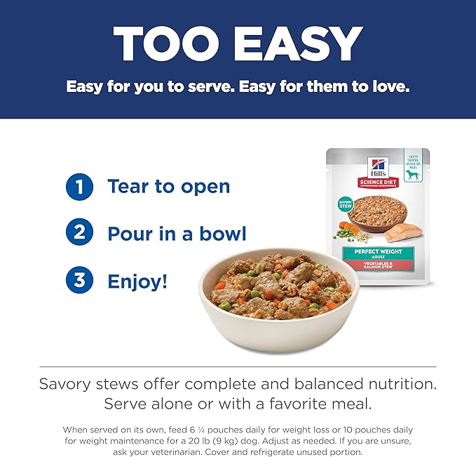 Hill's Science Diet Perfect Weight, Adult 1-6, Weight Management Support, Wet Dog Food, Salmon & Vegetables Stew, 2.8 oz Pouch, Case of 24