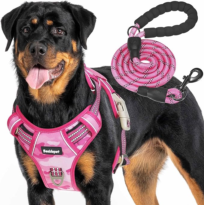 Heavy Duty Tactical Dog Harness for Large Dogs, No Pull Adjustable Pet Harness Reflective Service Training Easy Control Pet Vest Military K9 Working Dog Harnesses-X- Large, Pink Camo