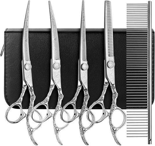 Dog Grooming Scissors,Silver with Safety Round Tips,5 in 1 Curved Dog Scissors for Grooming,Professional Pet Grooming Shears Set for Dogs and Cats
