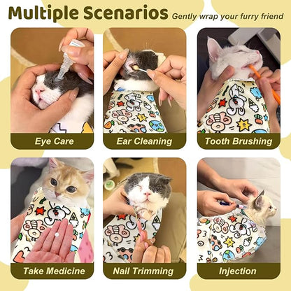 Cat Wrap for Grooming, Self-Adhesive Cat Swaddle Wrap with Nail Clipper, Soft Calming Pet Blanket Anti-Escape Grooming Bag for Cats and Dogs Up to 11lbs (Animal 1)