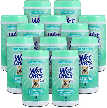 Wet Ones for Pets Hypoallergenic Multi-Purpose Dog Wipes with Vitamins A, C & E, 50 Count - 12 Pack | Fragrance-Free Hypoallergenic Dog Wipes for All Dogs Wipes Multipurpose (FF14365PCS12)