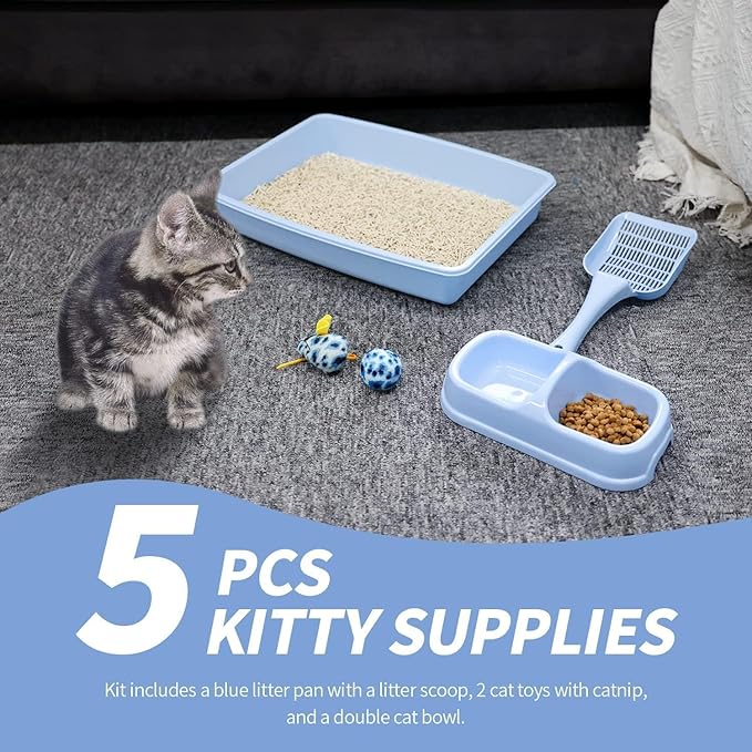 PAWISE Small Cat Litter Box, Kitten Litter Box Starter Kit, Low Entry Baby Catty Training Litter Box with Scoop, Bowls,Cat Mouse Toy and Cat Ball Toy,First Kitten Owner Essentials (Blue)