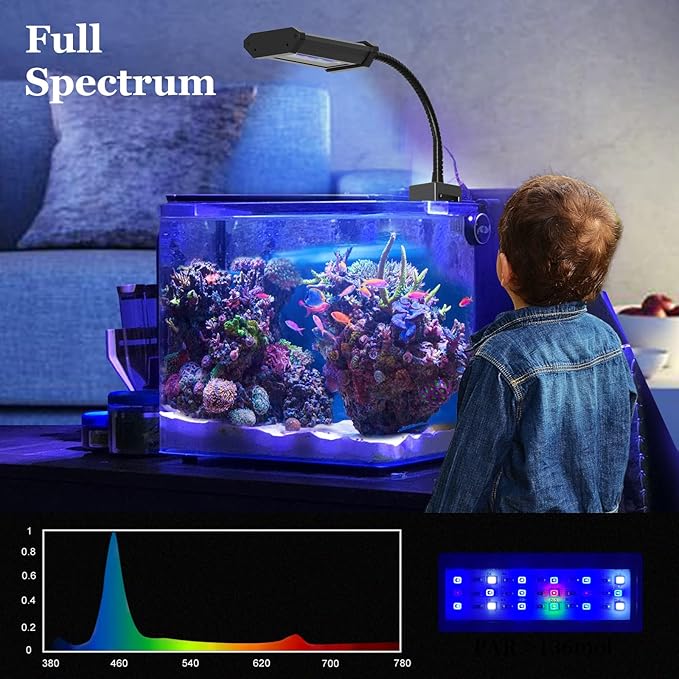 Lominie Small LED Aquarium Light Full Spectrum, 2-Channel Dimmable Fish Tank Light with Adjustable Gooseneck for Saltwater, Coral Nano Tank (Saltwater)