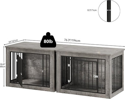 YITAHOME 76 Inch Double Dog Crate Furniture, XXL Dog Crate Furniture for 2 Dogs, Side End Table, Waterproof Top, Safety Corners, 2-in-1 Iron-Wood Fusion Dog Kennel Furniture for 2 Large Dogs,Greige