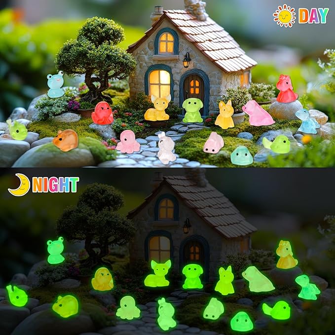 Mini Resin Animals Figures to Hide 200 pcs Tiny Resin Animals Glow in The Dark Variety Pack Bulk for Fish Tank Aquarium Fairy Garden Accessories Decorations