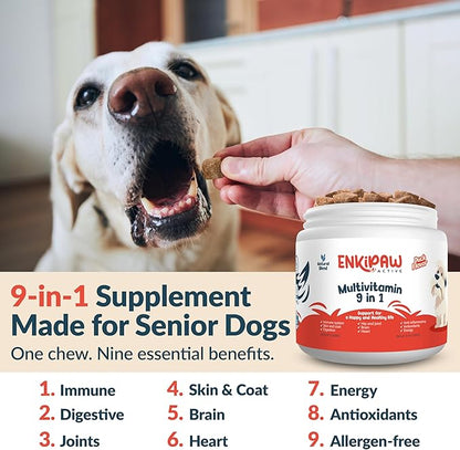 9-in-1 Senior Dog Multivitamin for Joints, Digestion & Immunity with Probiotics, Colostrum, Omegas, Taurine, Minerals –120 Tasty Duck Chews - Allergen Free - Made in USA