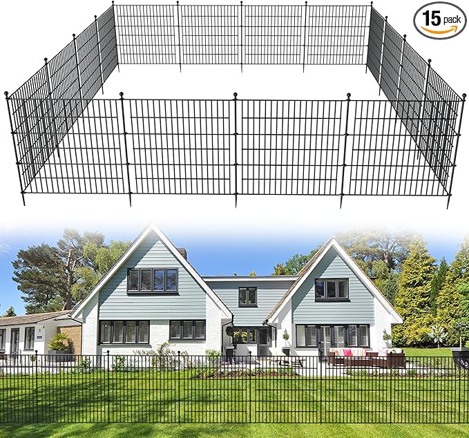 15 Panels No Dig Decorative Outdoor Garden Fence for Yard, 32 in(H) X 35.4 ft(L) Animal Barrier Fencing Rustproof Metal Wire Panel Border for Dog, Rabbits, and Patio Temporary Ground Stakes