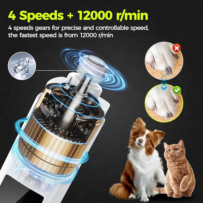 Dog Nail Grinder Quiet - 45db 4 Speed 4 Ports 12000 r/min USB Rechargeable Electric Professional Pet Dog Nail Trimmers with LED Lights for Large Medium Small Puppy Dogs/Cats - White
