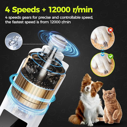 Dog Nail Grinder Quiet - 45db 4 Speed 4 Ports 12000 r/min USB Rechargeable Electric Professional Pet Dog Nail Trimmers with LED Lights for Large Medium Small Puppy Dogs/Cats - White