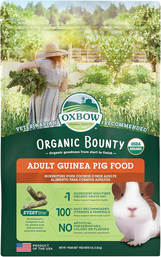 Oxbow Organic Bounty Guinea Pig Food, Adult Guinea Pig, Made with Oxbow Timothy Hay, USDA Organic Pet Food Pellets with Vitamin C, Small Animal Pet Products, Made in USA, High Fiber, 3 lb. bag