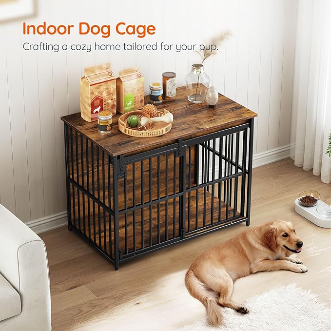 HOOBRO Dog Crate Furniture, 36.6'' Heavy Duty Dog Kennel with Sliding Barn Door, Decorative Dog Crate Indoor, End Side Table for Small/Medium Dog, Rustic Brown and Black BF162GW03G1