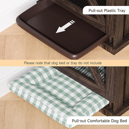 IDEALHOUSE 71" Extra Large Dog Crate Furniture, Wooden Double Dog Crates Kennel Cage,Furniture Style Tv Stand Side End Table for 2 Dogs With Removable Divider for Large Dogs,3 Storage,Dark Walnut/Ligh