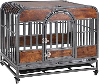 46in Heavy Duty Dog Crate for Extra Large Dogs, Dog Kennel Indoor with Removable Trays, Enclosed Design withlockable Wheels, Chew Proof Pet Cage House Indoor, Brown