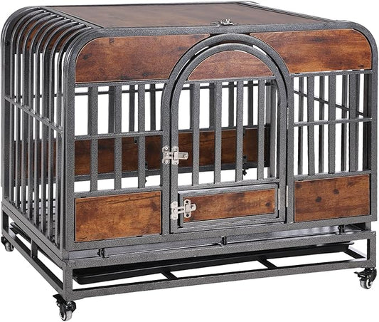 46in Heavy Duty Dog Crate for Extra Large Dogs, Dog Kennel Indoor with Removable Trays, Enclosed Design withlockable Wheels, Chew Proof Pet Cage House Indoor, Brown