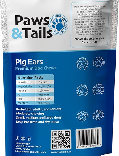 PAWS&TAILS Premium All-Natural Pig Ears for Dogs - Joint Health Support, Thick-Cut - High-Protein, Low-Fat Treats for Dental Hygiene - No Additives or Preservatives. (24, Natural Whole Pig Ears)