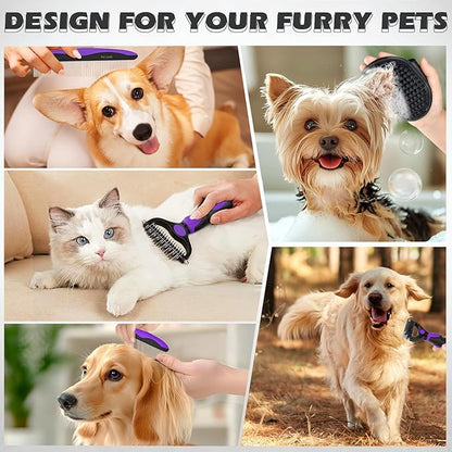 3PCS Dog Grooming Kit I Dog Brush for Shedding I Deshedding Dog Brush I Metal Dog Comb I Dog Bath Brush I Undercoat Rake for Dogs and Cats I Premium Pet Supplies (Purple Black)