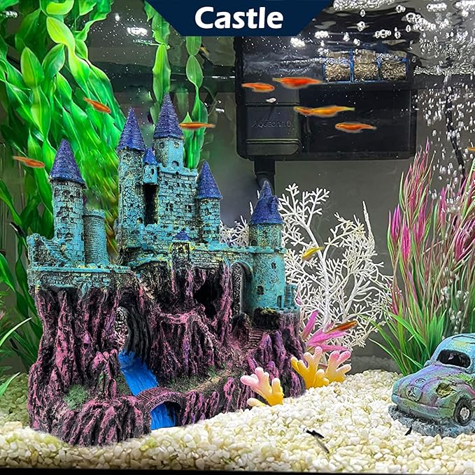 Aquarium Castle Decoration for Fish Tank Castle Cave Hideouts House Plants Supplies Accessories Safe for Freshwater and Saltwater Fish Tanks – Medium（Blue）
