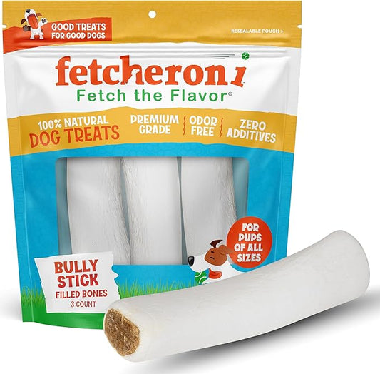 Bully Stick Stuffed Dog Bones - 5-6 Inch Long Dog Treats - Natural Stuffed Dental Dog Bone Treats for Dogs - 3 Pack