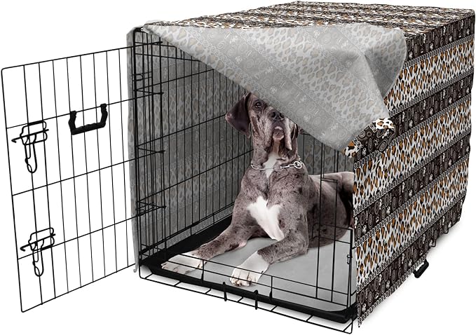 Ambesonne African Dog Crate Cover, Traditional Borders Cheetah Skin with Abstract Spirals and Circles, Easy to Use Pet Kennel Cover for Medium Large Dogs, 48 Inch, Pale Coffee Brown White