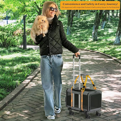 PAWZIDEA Pet Carrier with Wheels 18X11X11 TSA Airline Approved Cat Carrier for 2 Cats Rolling Dog Carrier Under Seat Rolling Cat Carrier Travel Bag with Telescopic Handle, Shoulder Strap as Dog Leash