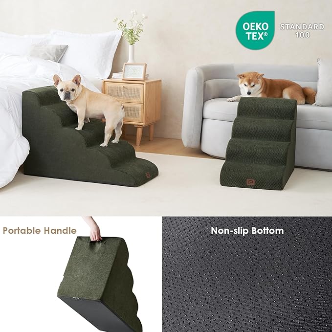EHEYCIGA Curved Dog Stairs Ramp for High Beds 19.7" H, 4-Step Dog Steps for Small Dogs and Cats, Pet Stairs for High Bed Climbing, Non-Slip Balanced Pet Step Indoor, Olive Green